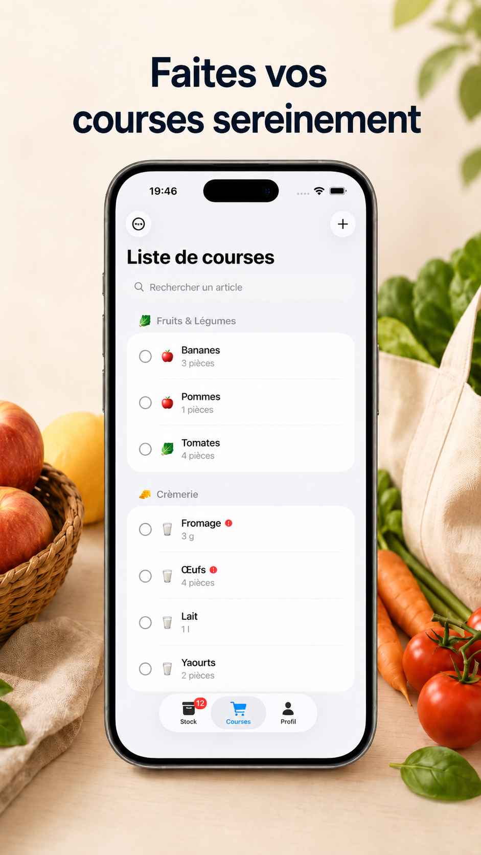 Stockie : liste de courses partagée en famille via iCloud, classée par rayon de supermarché
